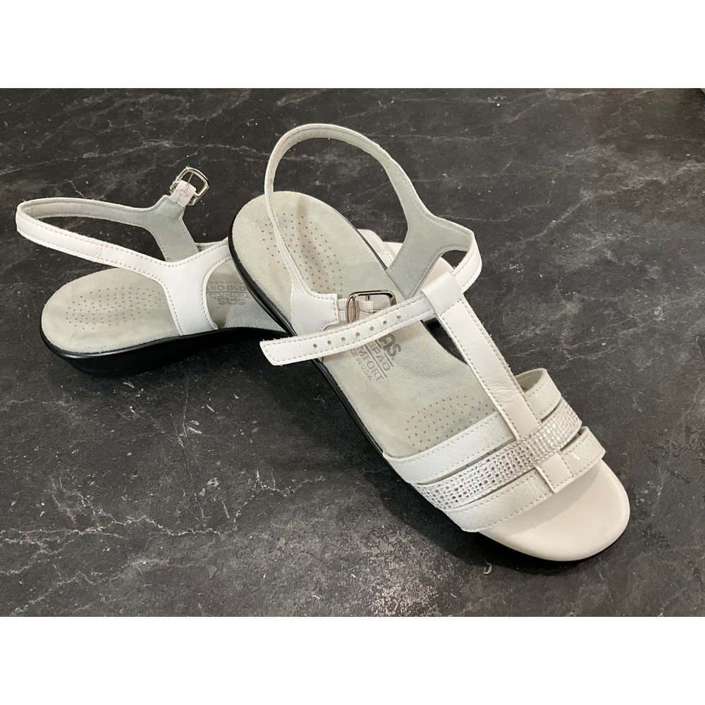 SAS Tripad Comfort Womens White Leather T-Strap Wedge Sandals Made in USA 8.5M